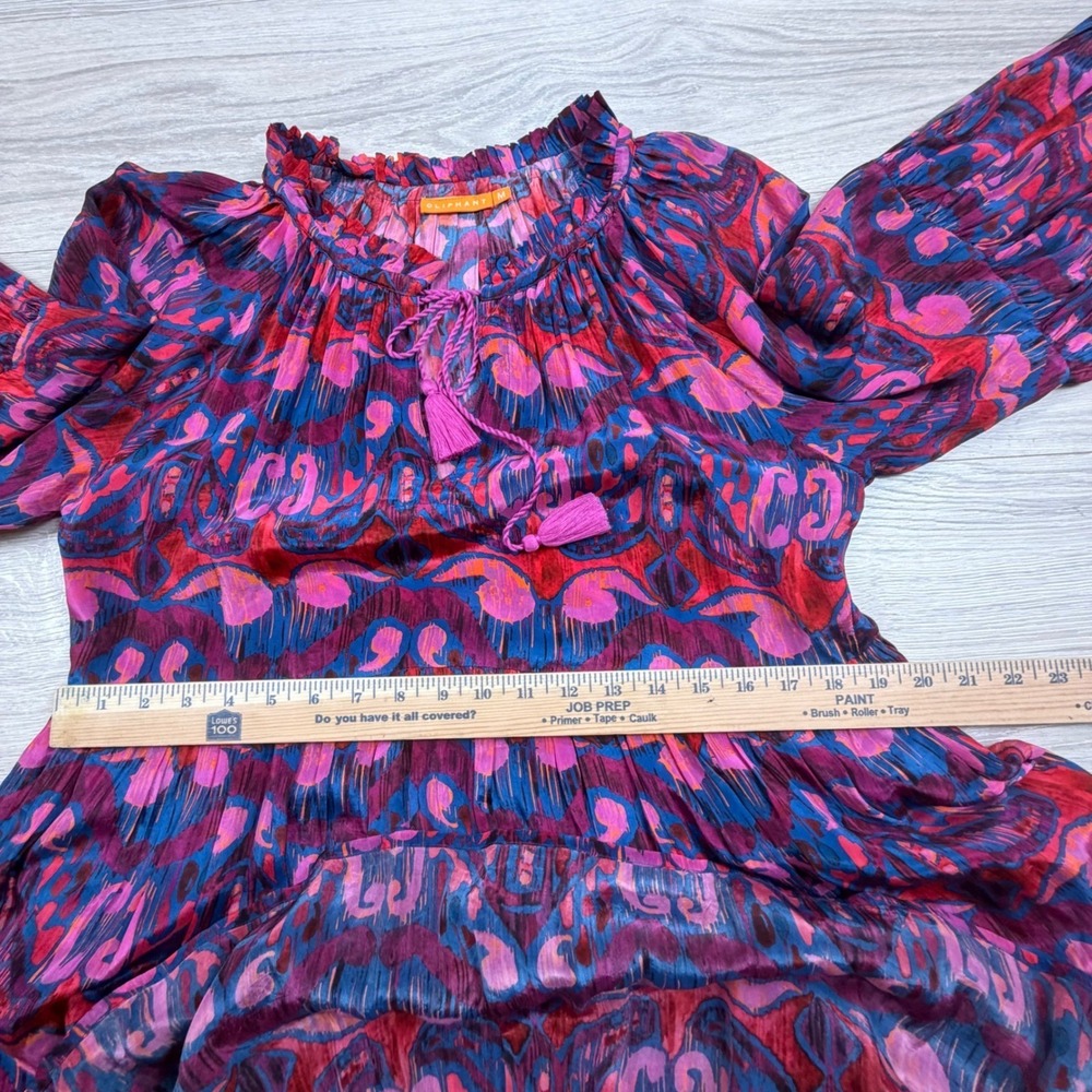 Oliphant Pink Blue Ikat Tiered Mini Dress Balloon Sleeve Tassel Tie Womens‎ M - Picture 5 of 9